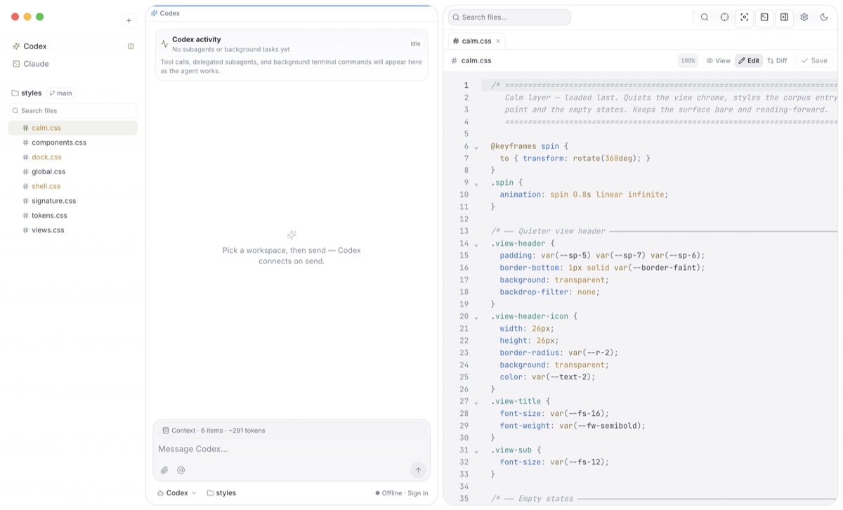 The Kaisola files editor with outline and provenance chips