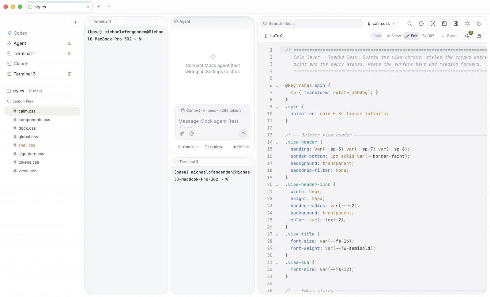Kaisola dark theme: agent session cards side by side